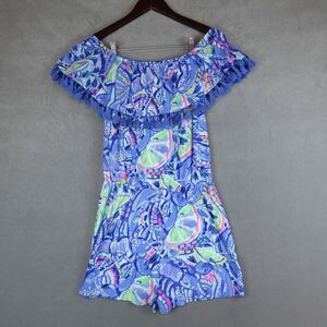 NWT Lilly Pulitzer La Fortuna Romper Blue Peri Pinch Off The Shoulder Sz Small